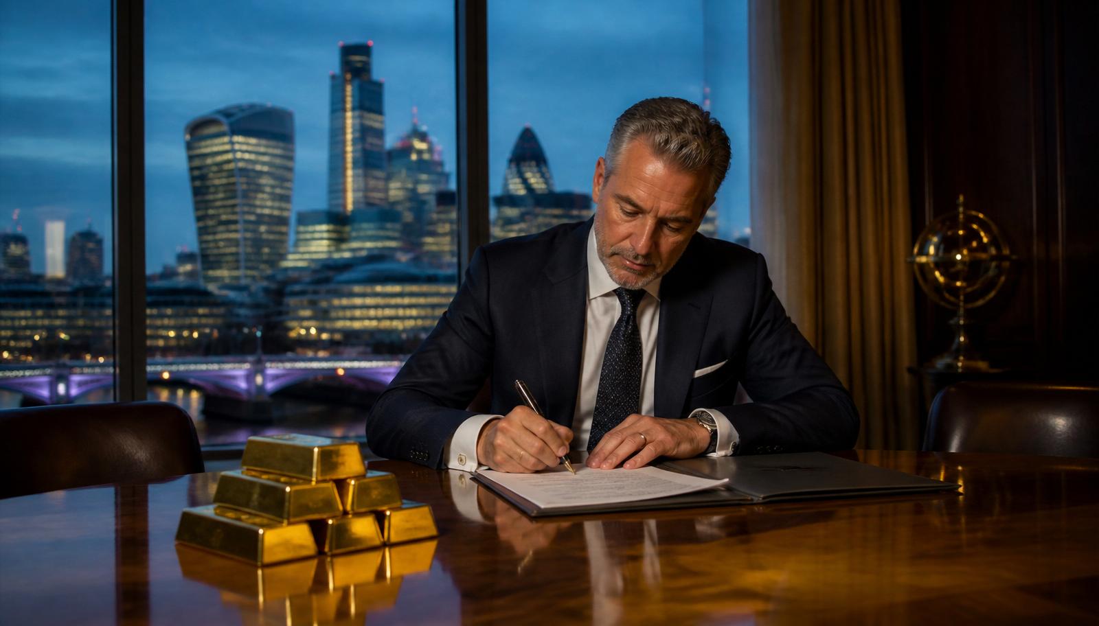 Laurent Mathiot signant un contrat métaux précieux dans un bureau de la City de Londres, lingots d'or sur la table